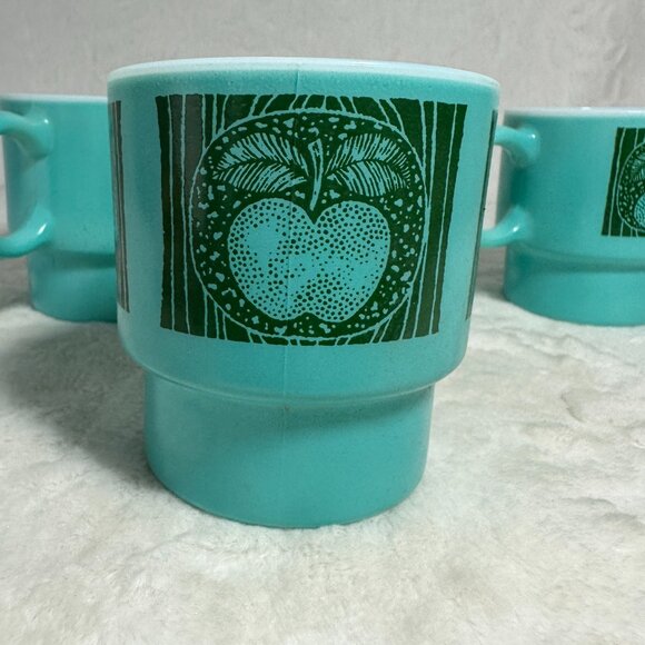 4 Vintage Teal Blue Stackable Coffee Mug Cups Turquoise Hazelware Fruit W6809 - Picture 7 of 12